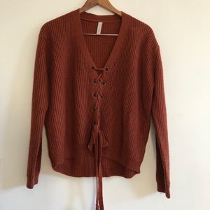 Primi front rope tie deep V neck Sweater